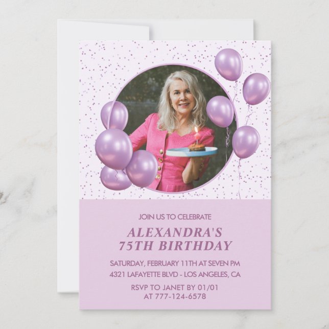 75th birthday invitations Balloons Photo Purple (Front)