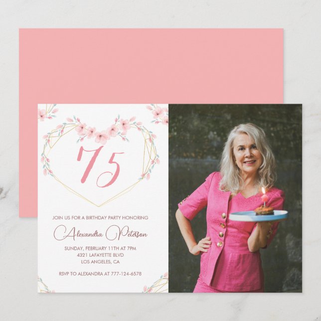 75th birthday invitations Boho Floral Photo (Front/Back)