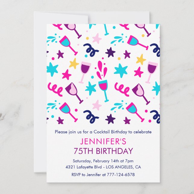 75th birthday invitations Cocktail Modern Pink (Front)