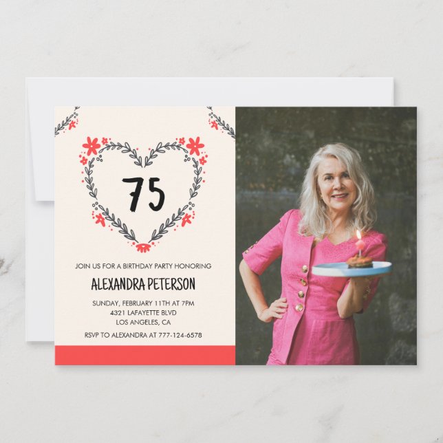 75th birthday invitations for her Floral Heart (Front)