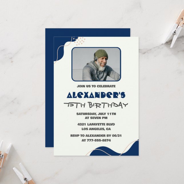 75th birthday invitations Men Navy Simple Photo (Front/Back In Situ)