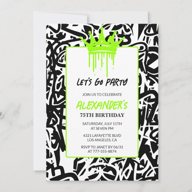 75th birthday invitations Men Party Graffiti Crown (Front)