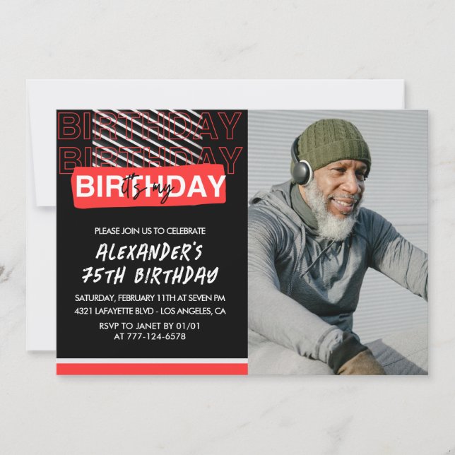 75th birthday invitations Men Party Photo Red  (Front)