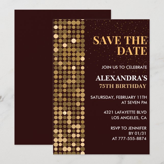 75th birthday invitations Save the date Gold (Front/Back)
