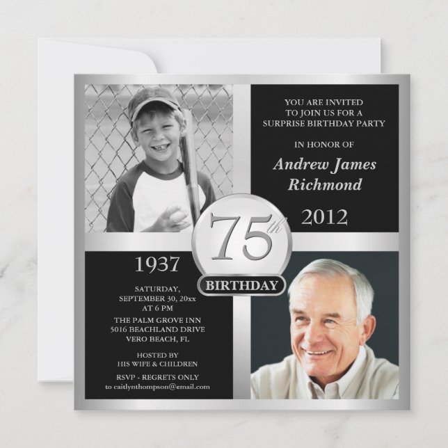 75th Birthday Invitations Then & Now Photos (Front)