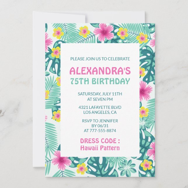 75th birthday invitations Tropical Hawaii Pattern (Front)
