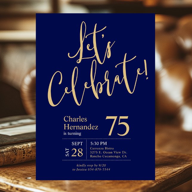 75th Birthday Let's Celebrate Navy Blue Gold Photo Invitation (Creator Uploaded)