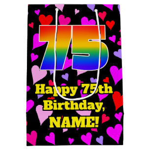 75th Birthday: Loving Hearts Pattern, Rainbow # 75 Medium Gift Bag