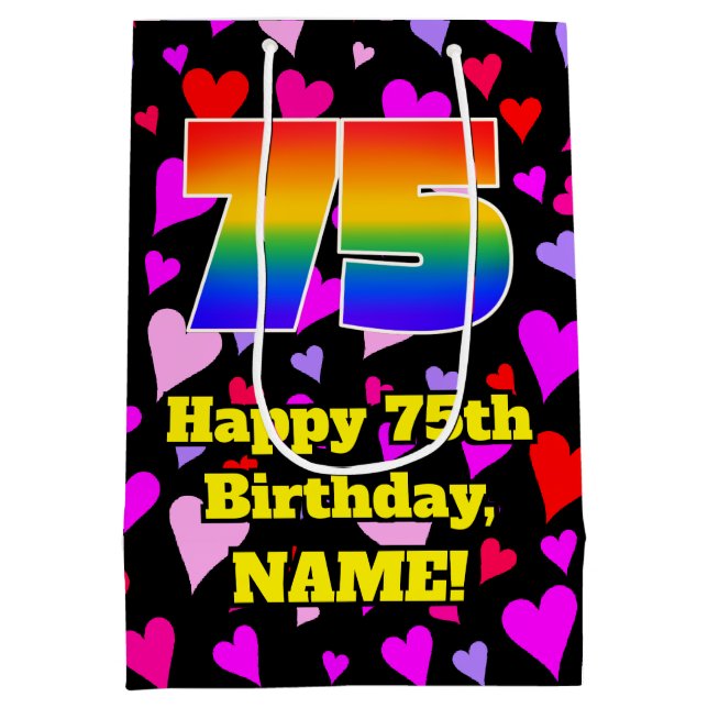 75th Birthday: Loving Hearts Pattern, Rainbow # 75 Medium Gift Bag (Back)