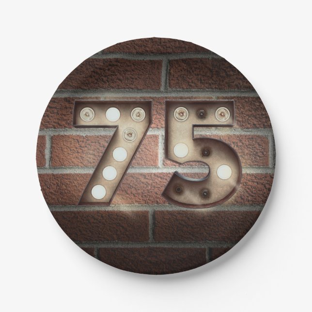 75th birthday marquee sign on brick wall paper plate (Front)