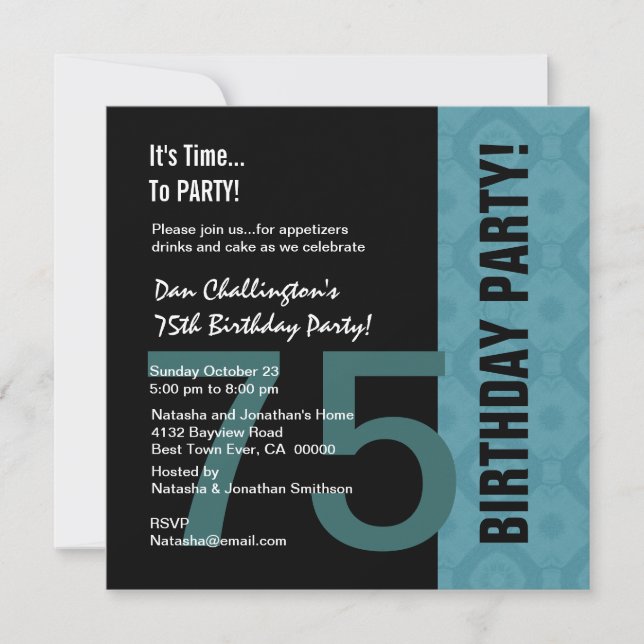 75th Birthday Modern Aqua Black C847 Invitation (Front)