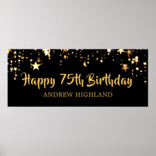 75th Birthday Modern Black Gold Stars Name Poster