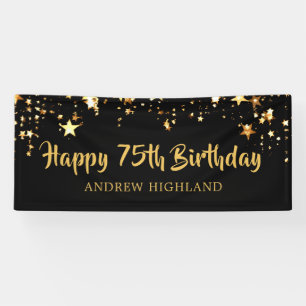 75th Birthday Modern Black Gold Stars Personalised Banner