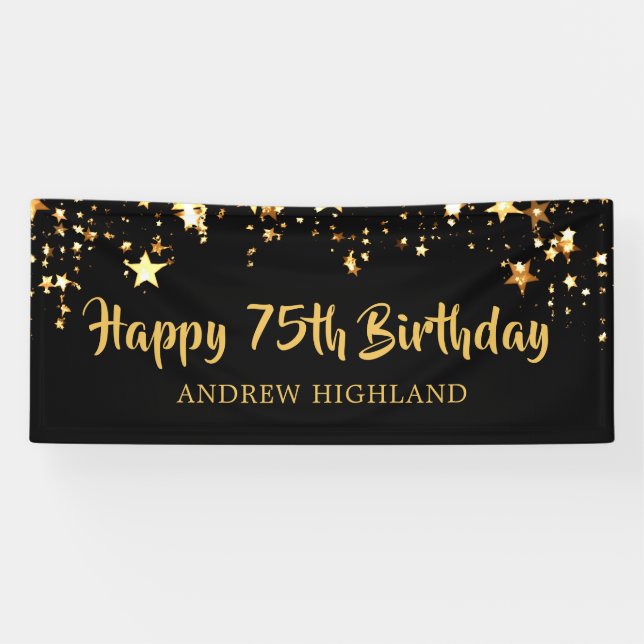 75th Birthday Modern Black Gold Stars Personalised Banner (Horizontal)