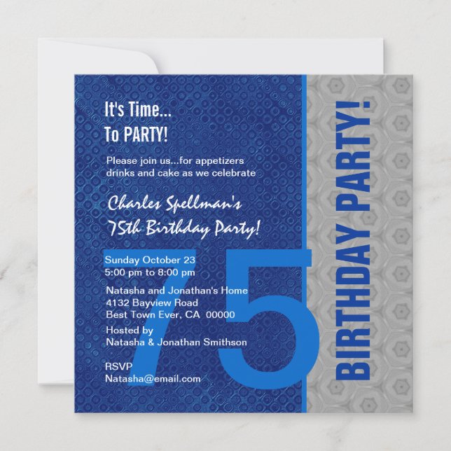 75th Birthday Modern Blue and Silver S305 Invitation (Front)