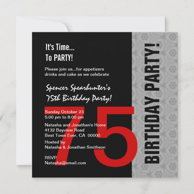 75th Birthday Modern Red Silver Black C846 Invitation (Front)
