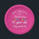 75th Birthday Most Fabulous Colourful Gems Pink Paper Plate<br><div class="desc">Celebrate the milestone birthday of your favourite senior citizen with this fun gift reminding them of how fabulous they are. White and grey lettering on deep pink background. Colourful diamond-cut gems in rainbow tones serve as accent. Customise with names, initials or other text. This series is in increments of 5...</div>