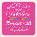 75th Birthday Most Fabulous Colourful Gems Pink Square Paper Coaster<br><div class="desc">Celebrate the milestone birthday of your favourite senior citizen with this fun gift reminding them of how fabulous they are. White and grey lettering on deep pink background. Colourful diamond-cut gems in rainbow tones serve as accent. Customise with names, initials or other text. This series is in increments of 5...</div>