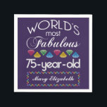 75th Birthday Most Fabulous Colourful Gems Purple Napkin<br><div class="desc">Celebrate the milestone birthday of your favourite senior citizen with this fun gift reminding them of how fabulous they are. White and grey lettering on deep purple background. Colourful diamonds in rainbow tones serve as accent. Customise with names, initials or other text. This series is in increments of 5 years...</div>