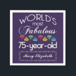 75th Birthday Most Fabulous Colourful Gems Purple Napkin<br><div class="desc">Celebrate the milestone birthday of your favourite senior citizen with this fun gift reminding them of how fabulous they are. White and grey lettering on deep purple background. Colourful diamonds in rainbow tones serve as accent. Customise with names, initials or other text. This series is in increments of 5 years...</div>