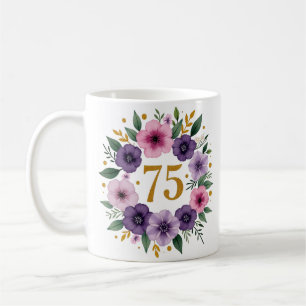 75th Birthday Mug – Floral Wreath with Gold Number