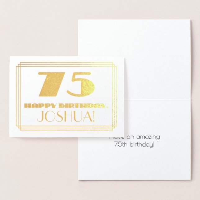 75th Birthday; Name + Art Deco Inspired Look "75" Foil Card (Display)