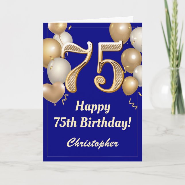 75th Birthday Navy Blue and Gold Balloons Confetti Card (Front)