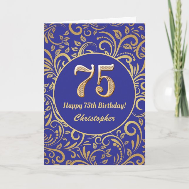 75th Birthday Navy Blue and Gold Floral Pattern Card (Front)