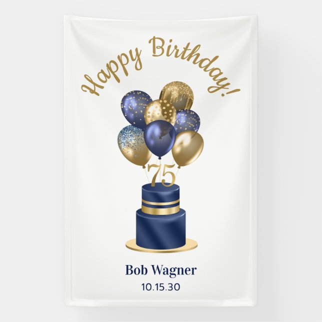 75th Birthday Navy Blue Balloon Cake Banner (Vertical)