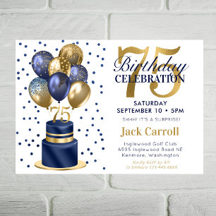 75th Birthday Navy Blue Balloon Cake Invitation