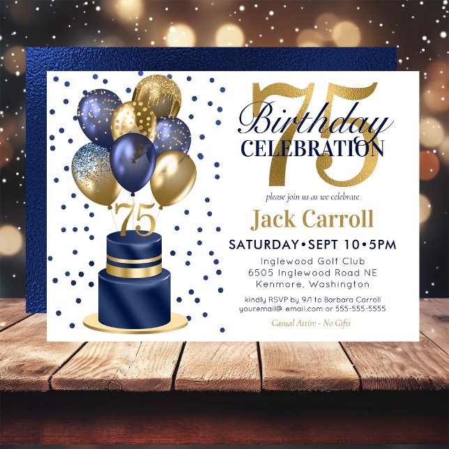 75th Birthday Navy Blue Balloon Cake Invitation (Creator Uploaded)