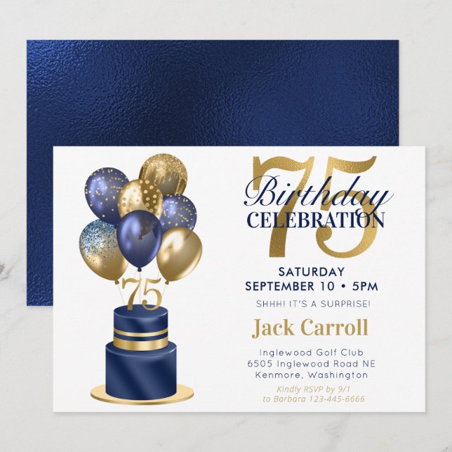 75th Birthday Navy Blue Balloon Cake Invitation (Front/Back)