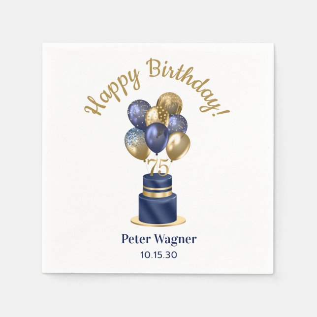 75th Birthday Navy Blue Balloon Cake Napkin (Front)