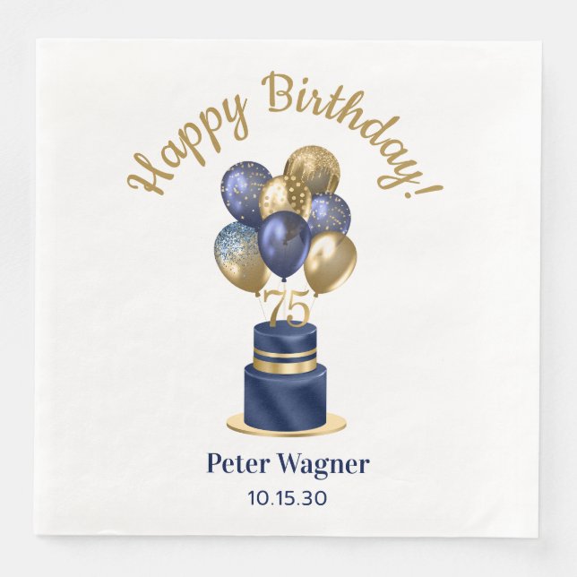 75th Birthday Navy Blue Balloon Cake Napkin (Front)
