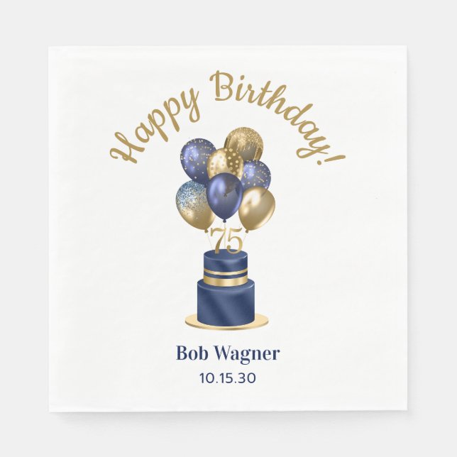 75th Birthday Navy Blue Balloon Cake Napkin (Front)