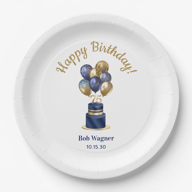 75th Birthday Navy Blue Balloon Cake Paper Plate (Front)