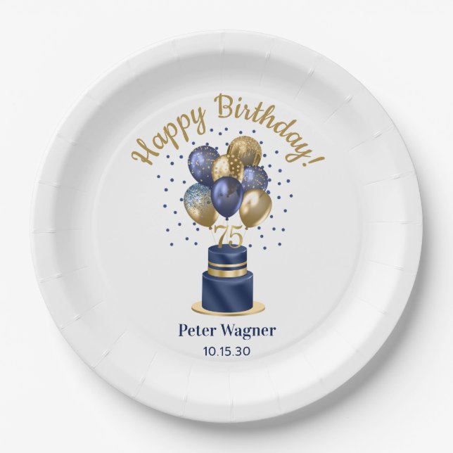 75th Birthday Navy Blue Balloon Cake Paper Plate (Front)