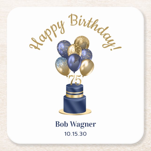 75th Birthday Navy Blue Balloon Cake Square Paper Coaster (Front)
