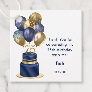 75th Birthday Navy Blue Balloon Cake Thank You Favour Tags
