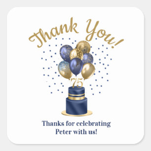 75th Birthday Navy Blue Balloon Cake Thank You Square Sticker
