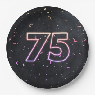 75th Birthday Neon Sign On Black Paper Plate