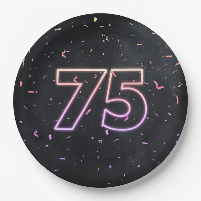 75th Birthday Neon Sign On Black Paper Plate (Front)