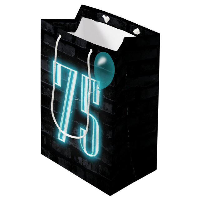 75th Birthday Neon Sign on Brick  Medium Gift Bag (Front Angled)