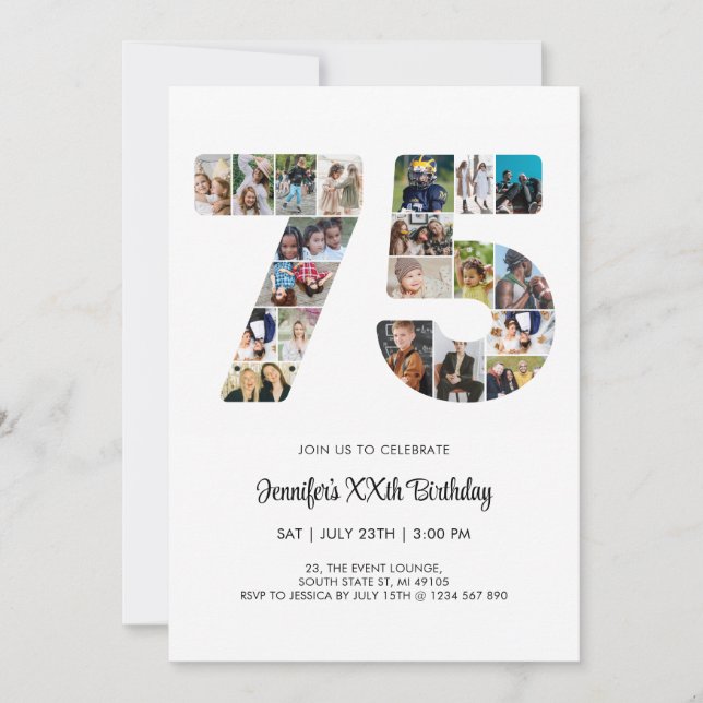 75th Birthday Number 75 Custom Photo Collage Invitation (Front)