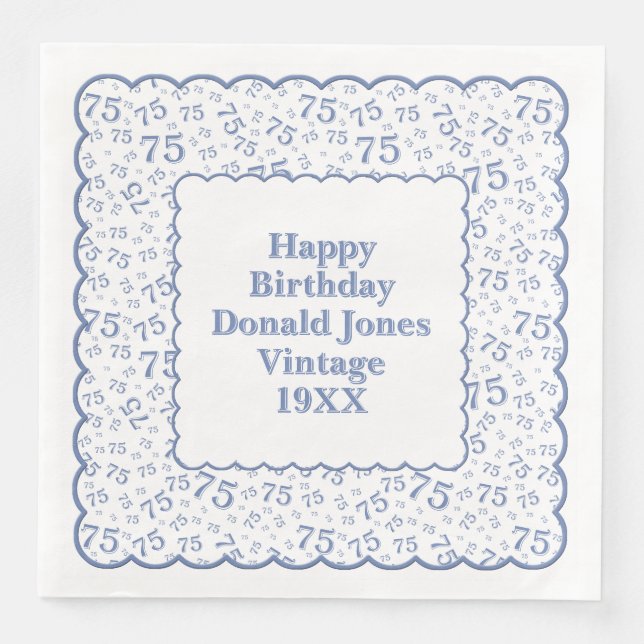 75th Birthday Number Pattern Scallops Blue/White Napkin (Front)