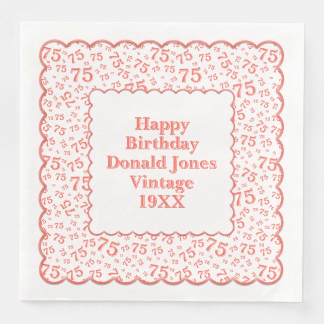75th Birthday Number Pattern Scallops Coral/White Napkin (Front)
