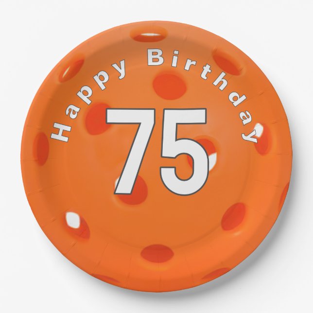 75th Birthday Orange Pickleball Paper Plate (Front)