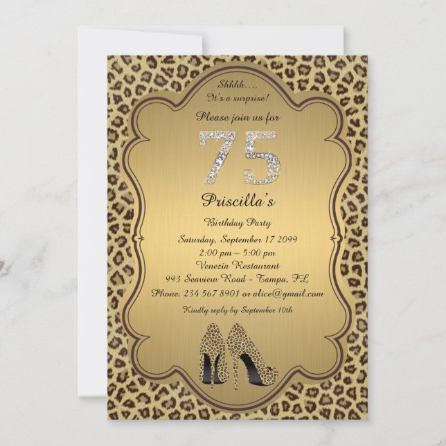 75th,Birthday Party ,75th,Cheetah High Heels Shoes Invitation (Front)