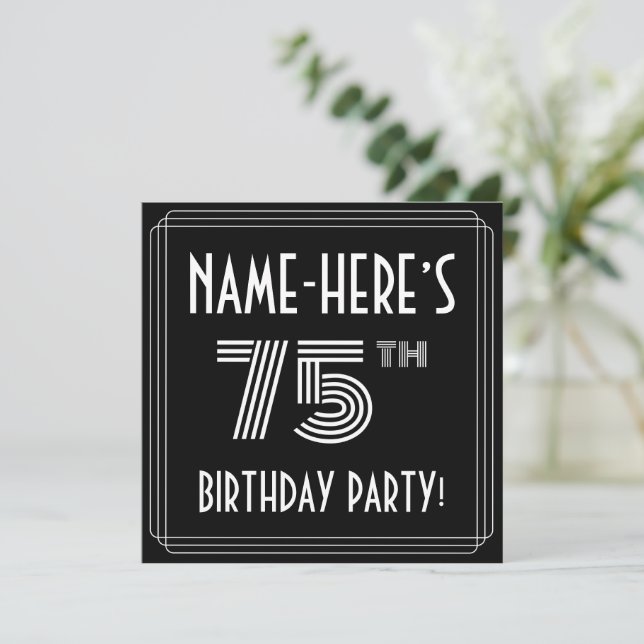 75th Birthday Party: Art Deco Style w/ Custom Name Invitation (Standing Front)
