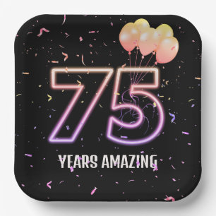 75th Birthday Party Balloons and Confetti Paper Plate